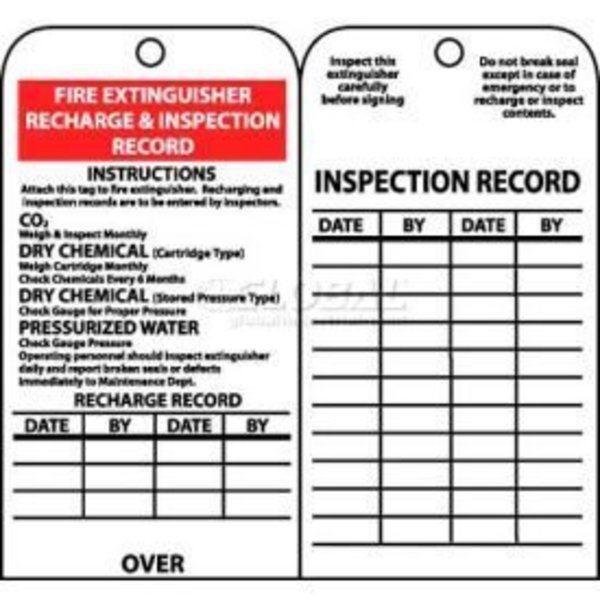 Nmc NMC RPT26 Tags, Fire Extinguisher Recharge And Inspection Record, 6" X 3", White/Red/Black, 25/Pk RPT26